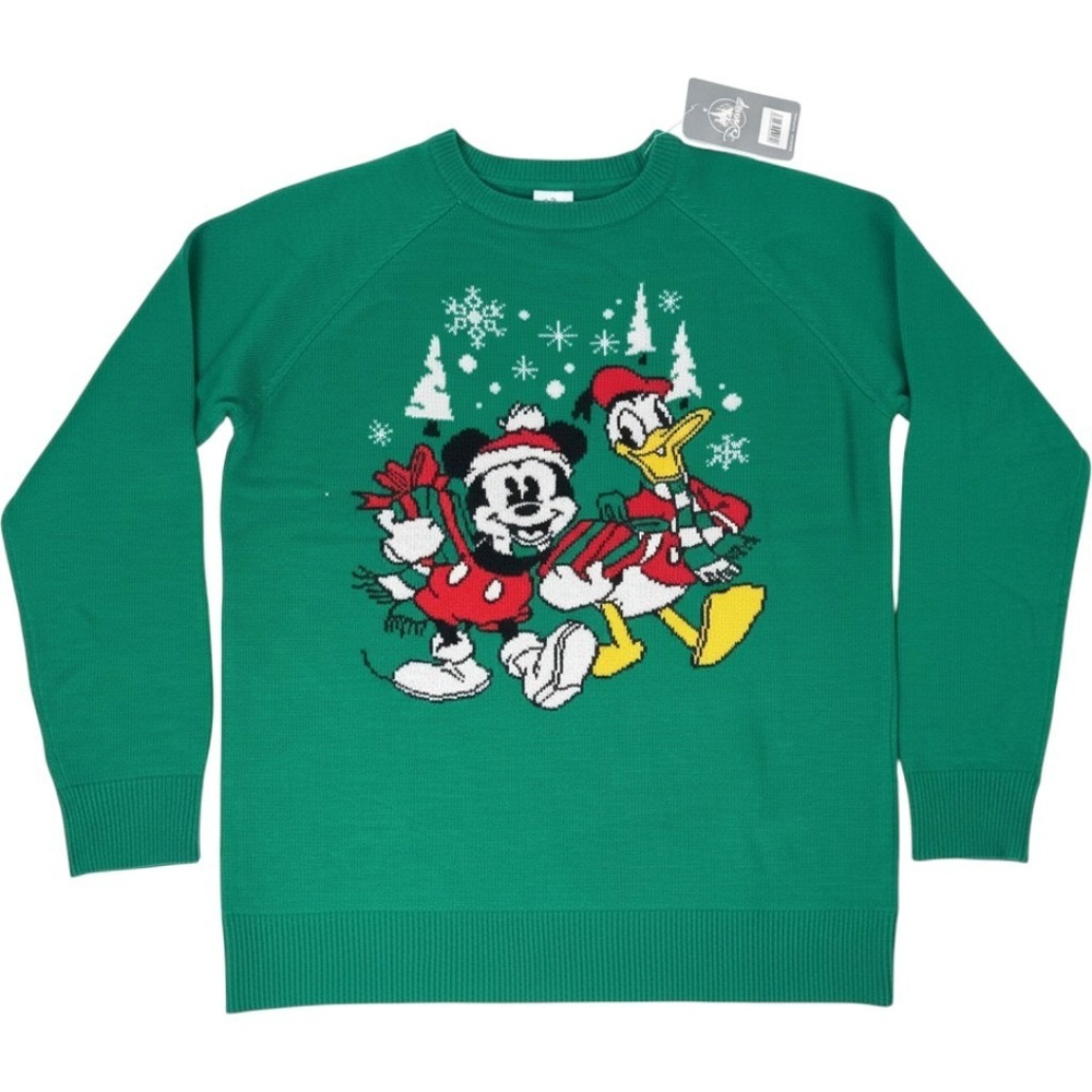 Disney Sweater Kids L Green Mickey Mouse Donald Duck Holiday Christmas Pullover